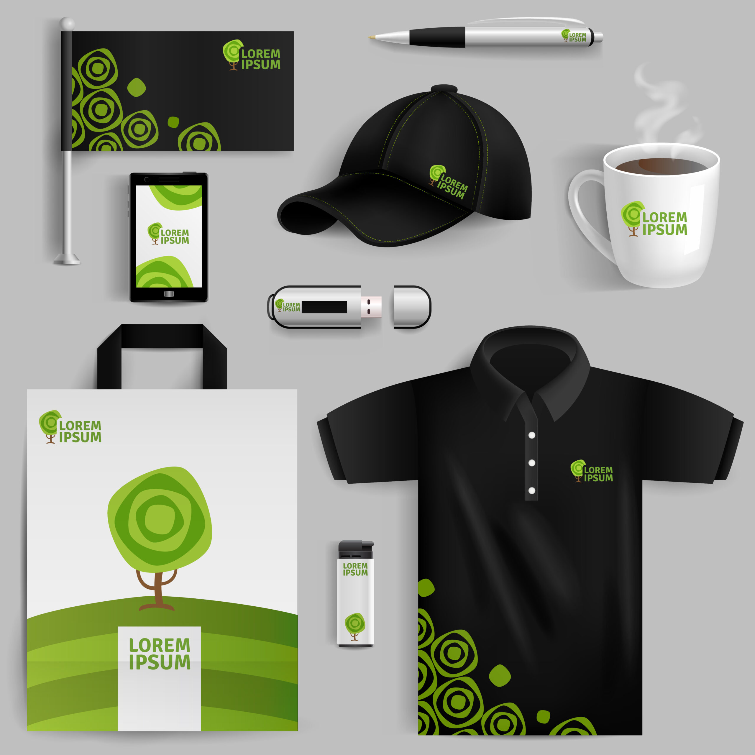 Decorative elements of corporate identity with green tree symbol in realistic style with pen usb flash drive bag cup baseball cap isolated vector illustration